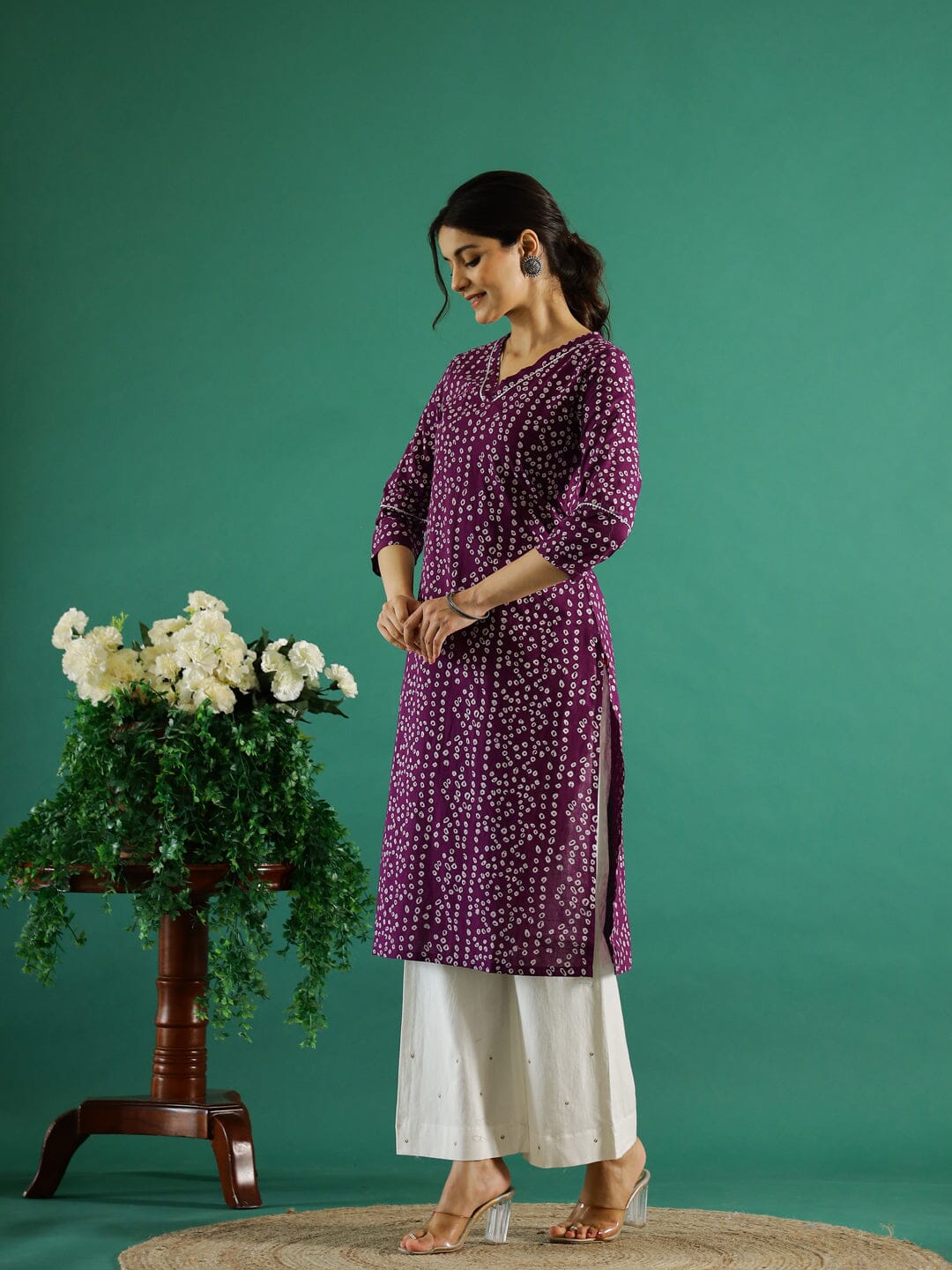 Purple White Dotted Printed Cotton Kurta Kurti SANSKRUTI HOMES 