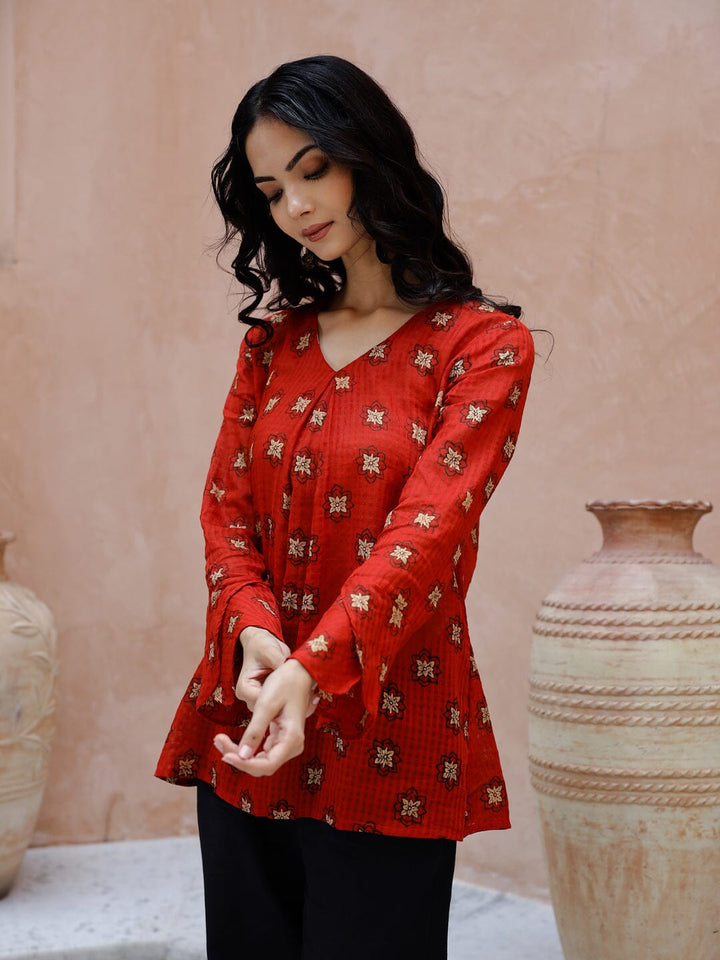 Red Cotton Kurta Set for Women Kurti set Rangdeep-Fashions 