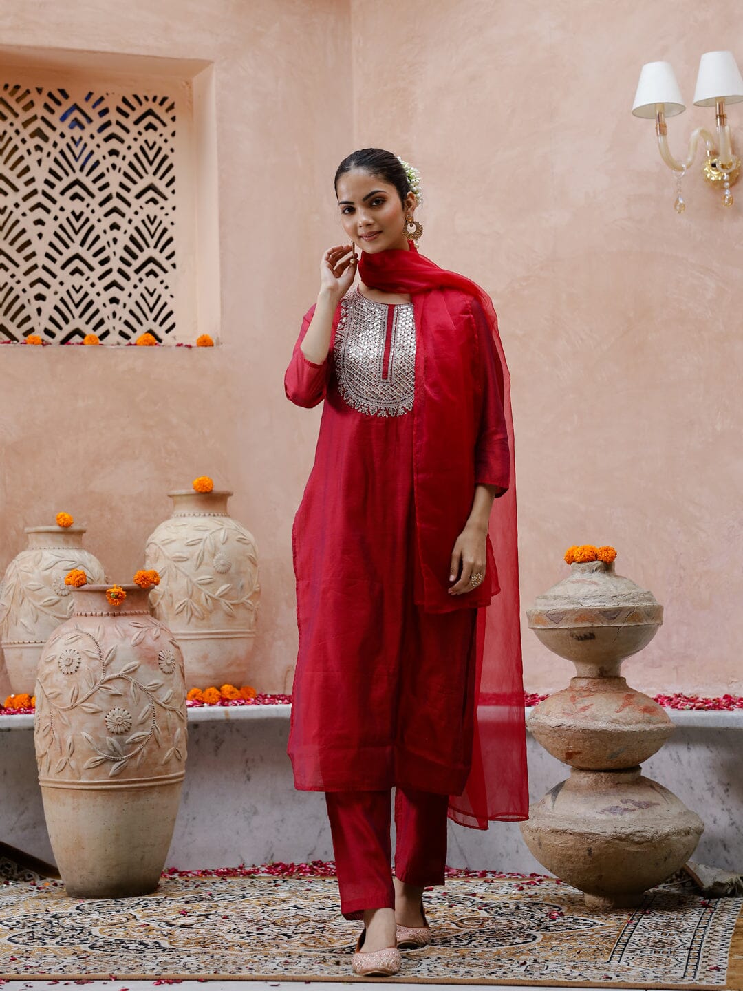 Red Cotton Kurta Set with Duptta Kurti set Rangdeep-Fashions 