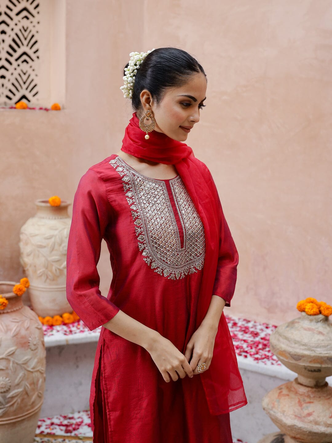 Red Cotton Kurta Set with Duptta Kurti set Rangdeep-Fashions 