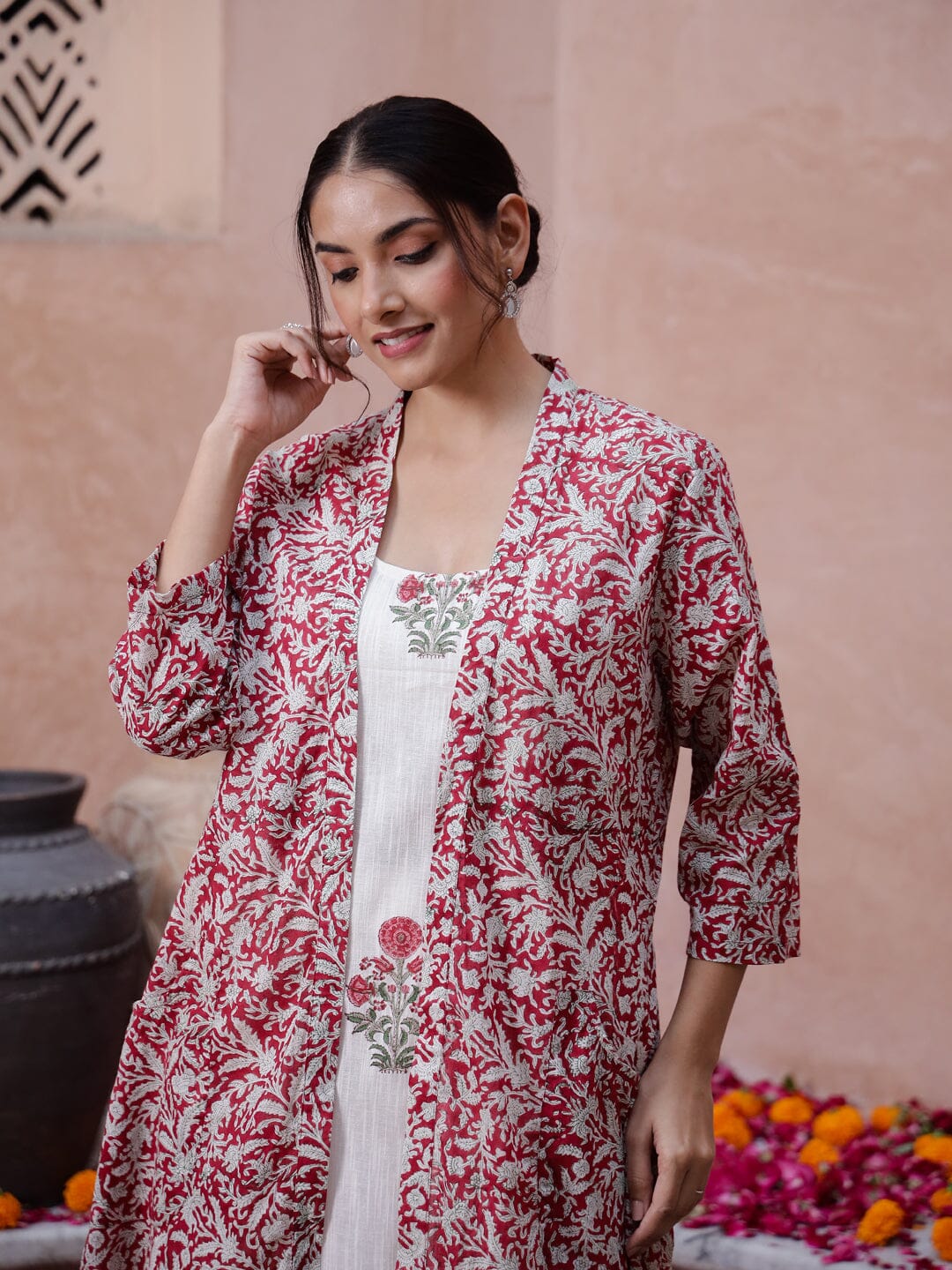 Red Floral Printed Cotton Kurta Set Kurta set Rangdeep-Fashions 