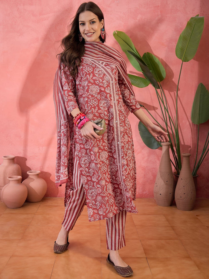 Red Floral Printed Kurta Set for Women Kurta set Rangdeep-Fashions 