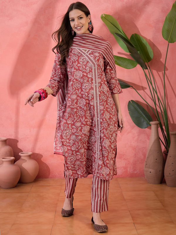 Red Floral Printed Kurta Set for Women Kurta set Rangdeep-Fashions 