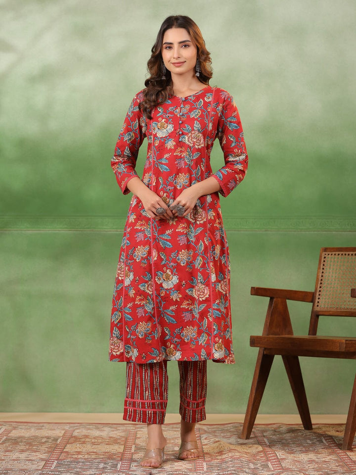 Red Floral Printed Kurta Set with Dupatta Kurta set Rangdeep-Fashions 