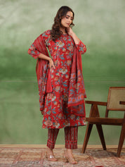 Red Floral Printed Kurta Set with Dupatta Kurta set Rangdeep-Fashions 