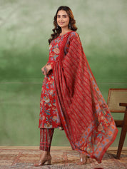 Red Floral Printed Kurta Set with Dupatta Kurta set Rangdeep-Fashions 