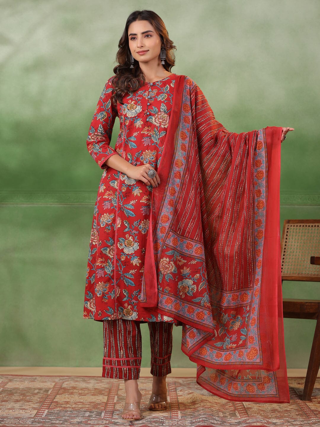 Red Floral Printed Kurta Set with Dupatta Kurta set Rangdeep-Fashions 