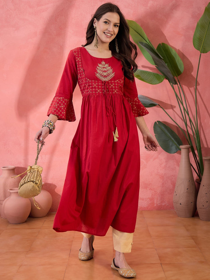 Red Round Neck Cotton Kurta for Women Kurta Rangdeep-Fashions 