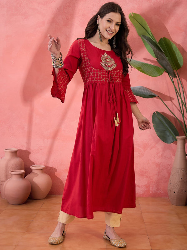 Red Round Neck Cotton Kurta for Women Kurta Rangdeep-Fashions 