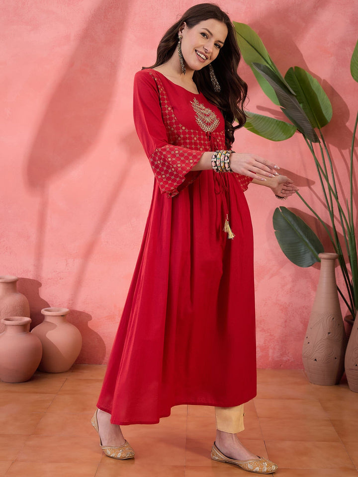 Red Round Neck Cotton Kurta for Women Kurta Rangdeep-Fashions 