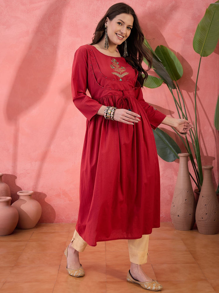 Red Solid Print Cotton Kurta for Women Kurta Rangdeep-Fashions 