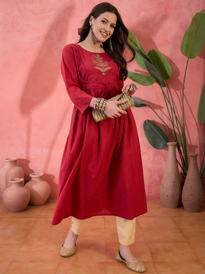 Red Solid Print Cotton Kurta for Women Kurta Rangdeep-Fashions 