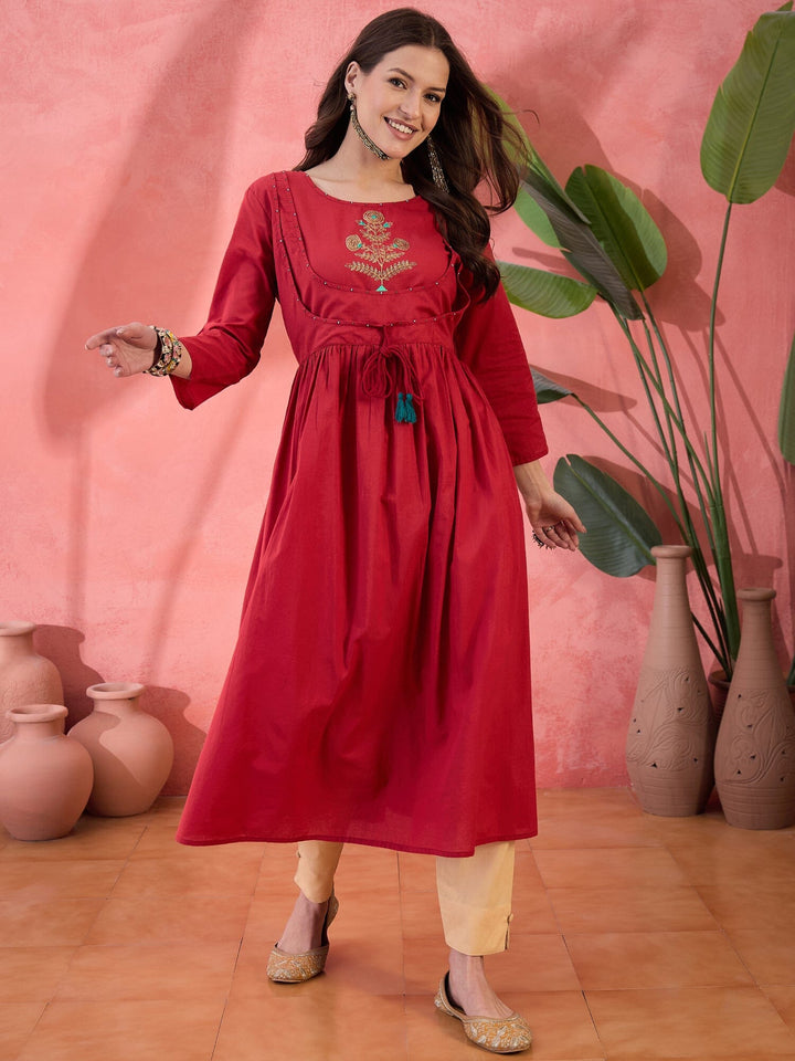 Red Solid Print Cotton Kurta for Women Kurta Rangdeep-Fashions 