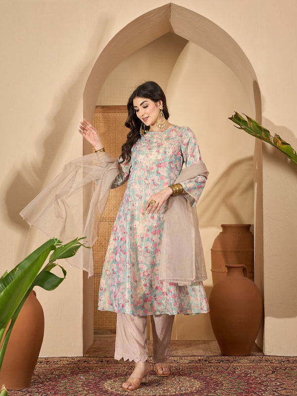 Sea Green Printed Round Neck Viscose Rayon Kurta Set for Women Kurta set Rangdeep-Fashions 