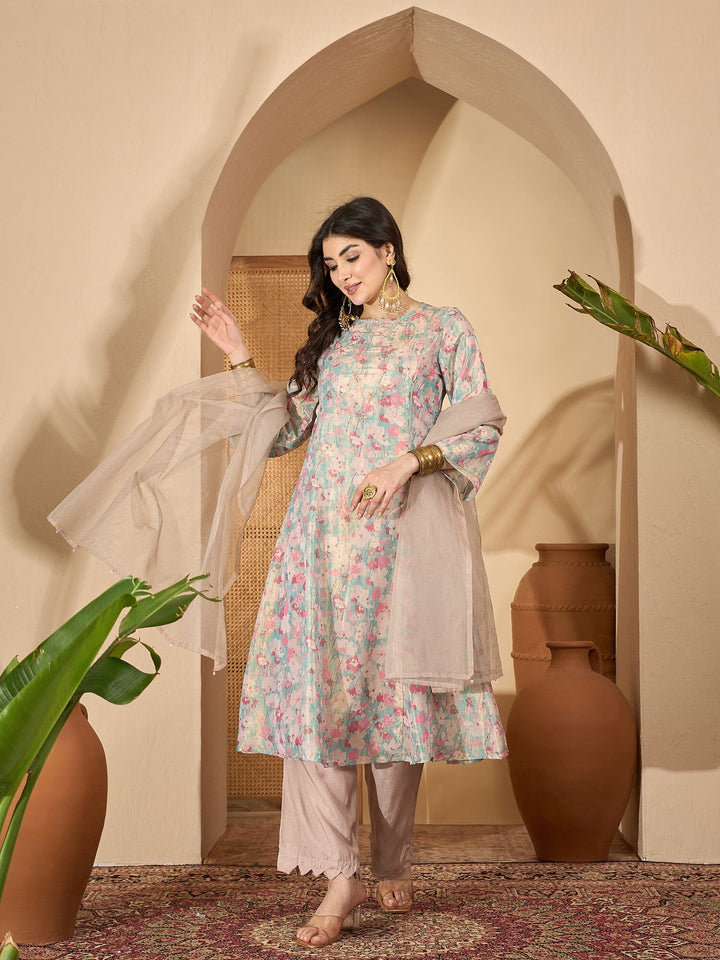Sea Green Printed Round Neck Viscose Rayon Kurta Set for Women Kurta set Rangdeep-Fashions 
