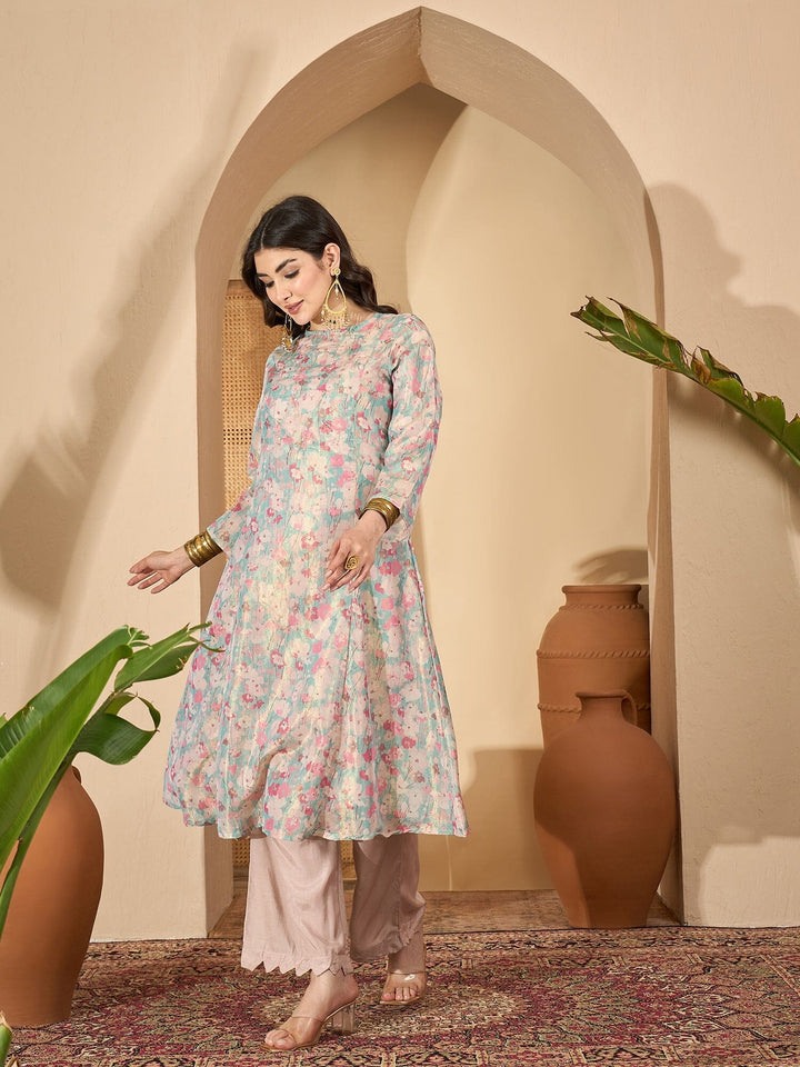 Sea Green Printed Round Neck Viscose Rayon Kurta Set for Women Kurta set Rangdeep-Fashions 