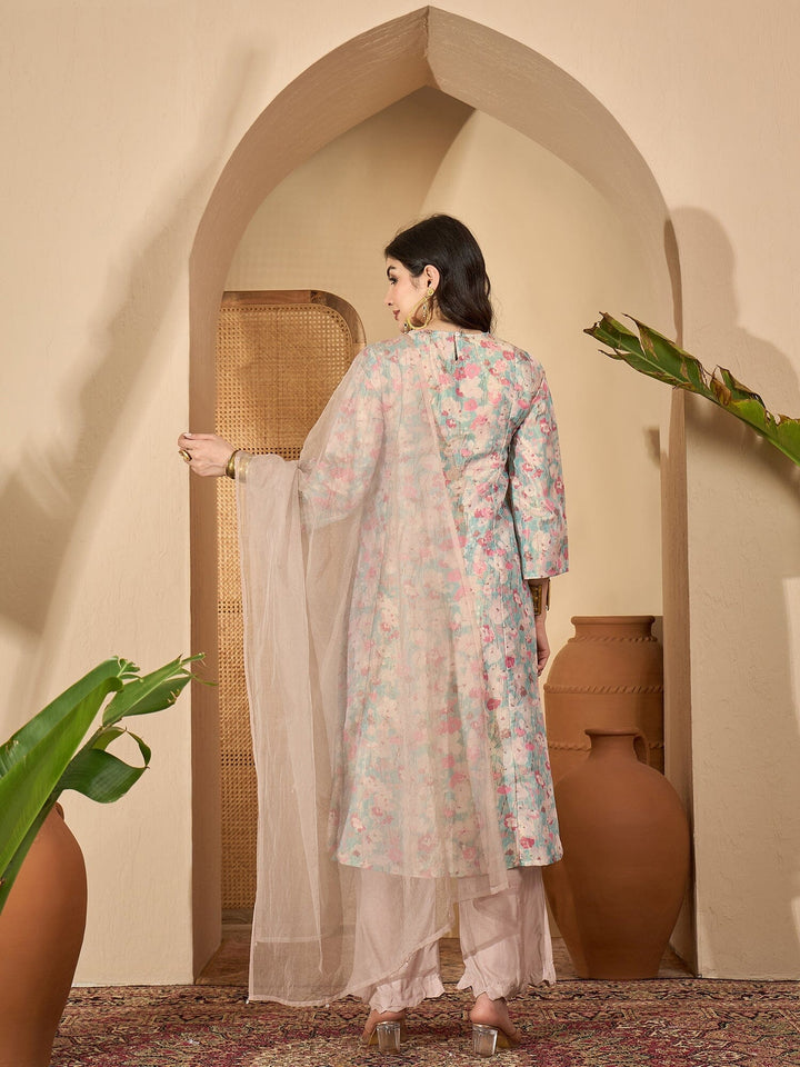 Sea Green Printed Round Neck Viscose Rayon Kurta Set for Women Kurta set Rangdeep-Fashions 