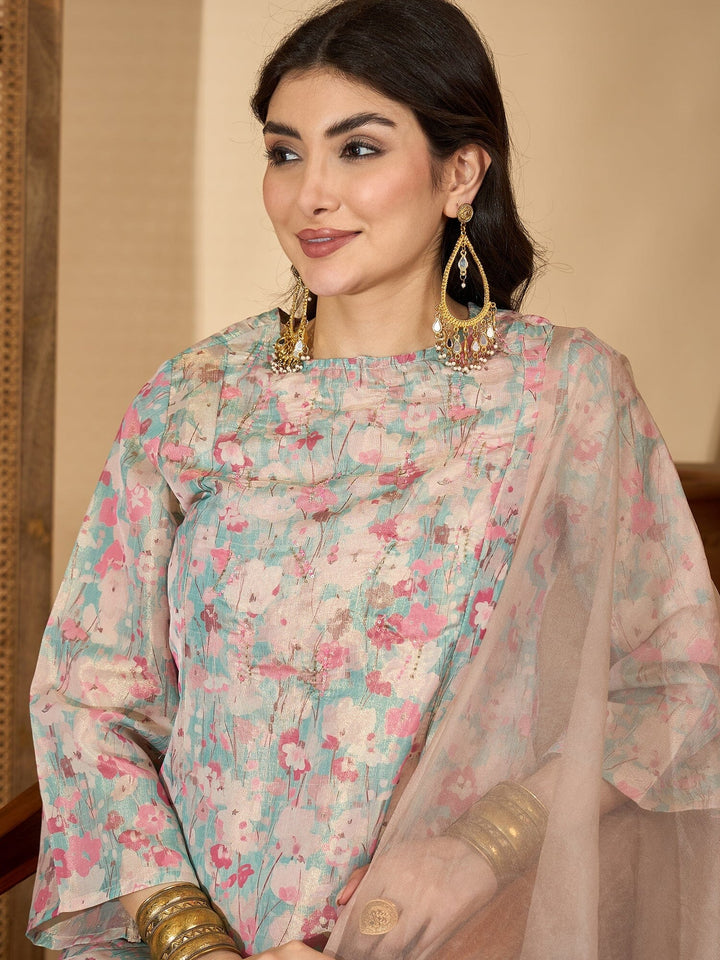 Sea Green Printed Round Neck Viscose Rayon Kurta Set for Women Kurta set Rangdeep-Fashions 