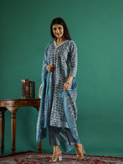 Set of 3 Blue Flower Printed Kurta Set with Dupatta Kurti set Rangdeep-Fashions 