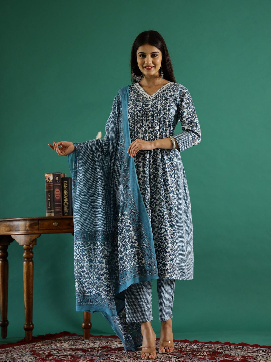 Set of 3 Blue Flower Printed Kurta Set with Dupatta Kurti set Rangdeep-Fashions 