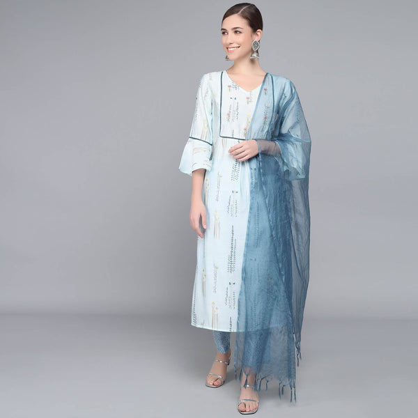 SKY BLUE MUSLIN WOMEN'S KURTA PAJAMA DUPATTA SET muslin kurta Rangdeep-Fashions 