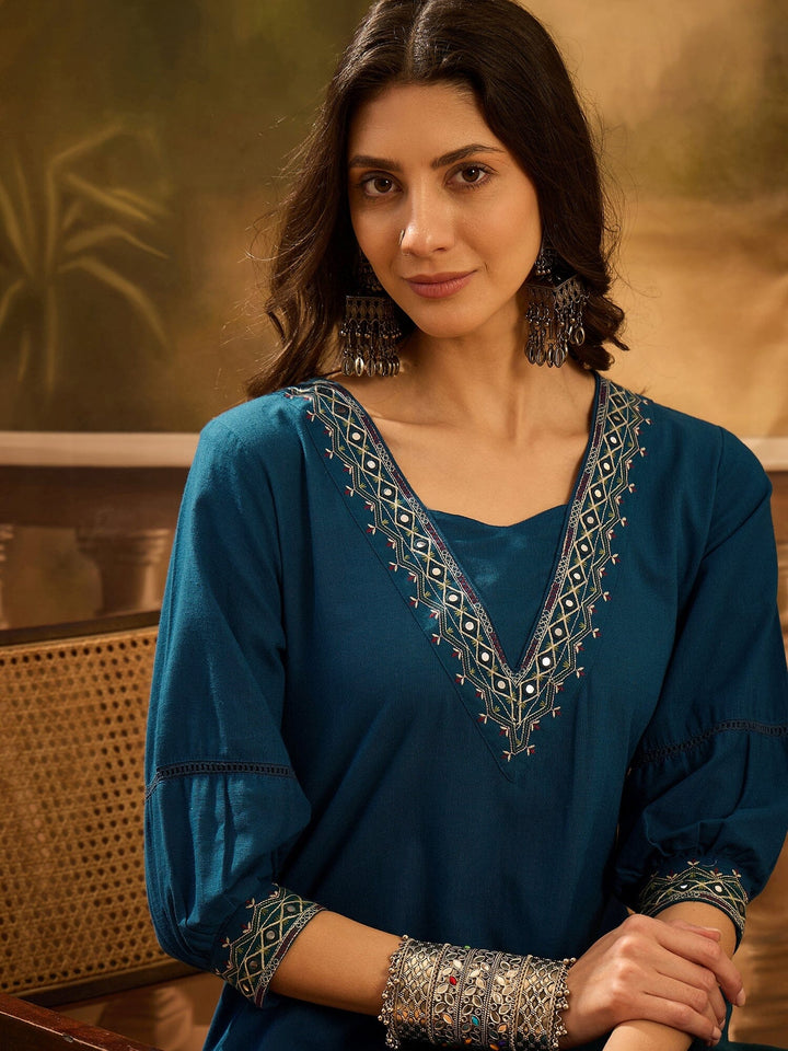 Teal Pure Cotton V-Neck Kurta Set For Women Kurta set Rangdeep-Fashions 