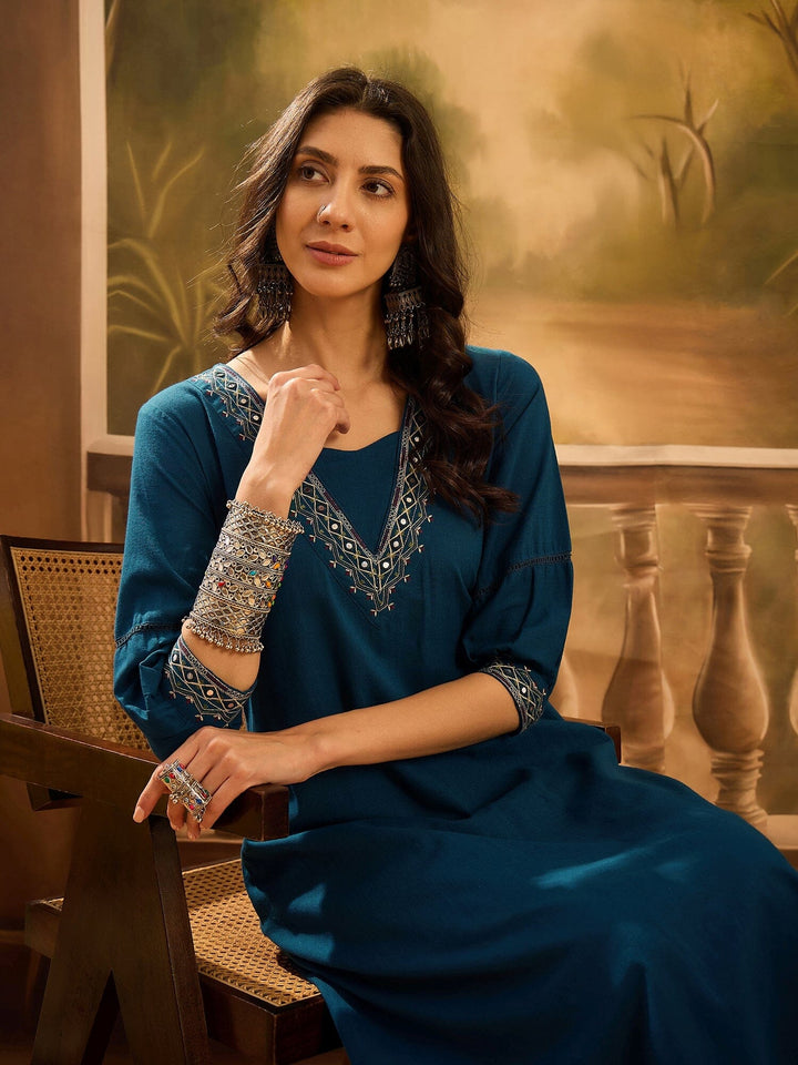 Teal Pure Cotton V-Neck Kurta Set For Women Kurta set Rangdeep-Fashions 