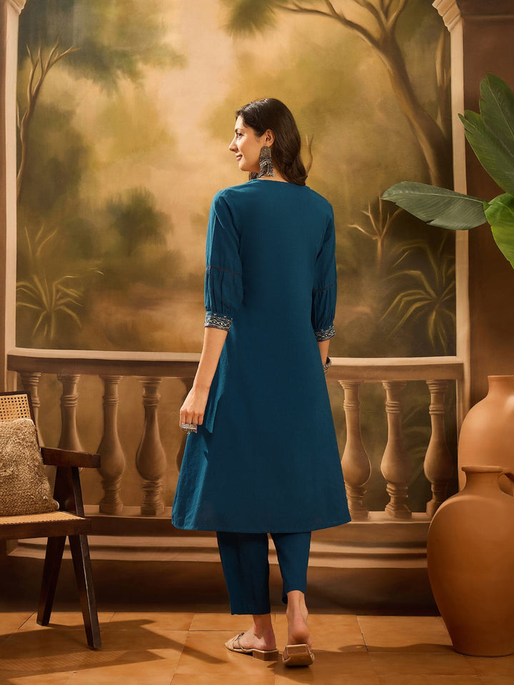 Teal Pure Cotton V-Neck Kurta Set For Women Kurta set Rangdeep-Fashions 