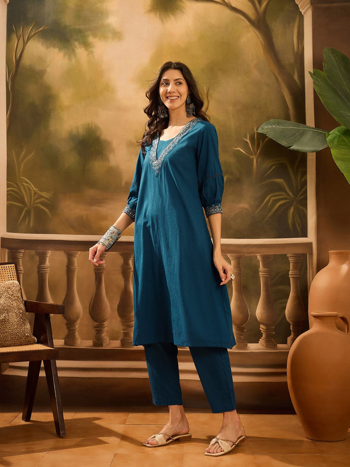 Teal Pure Cotton V-Neck Kurta Set For Women Kurta set Rangdeep-Fashions 