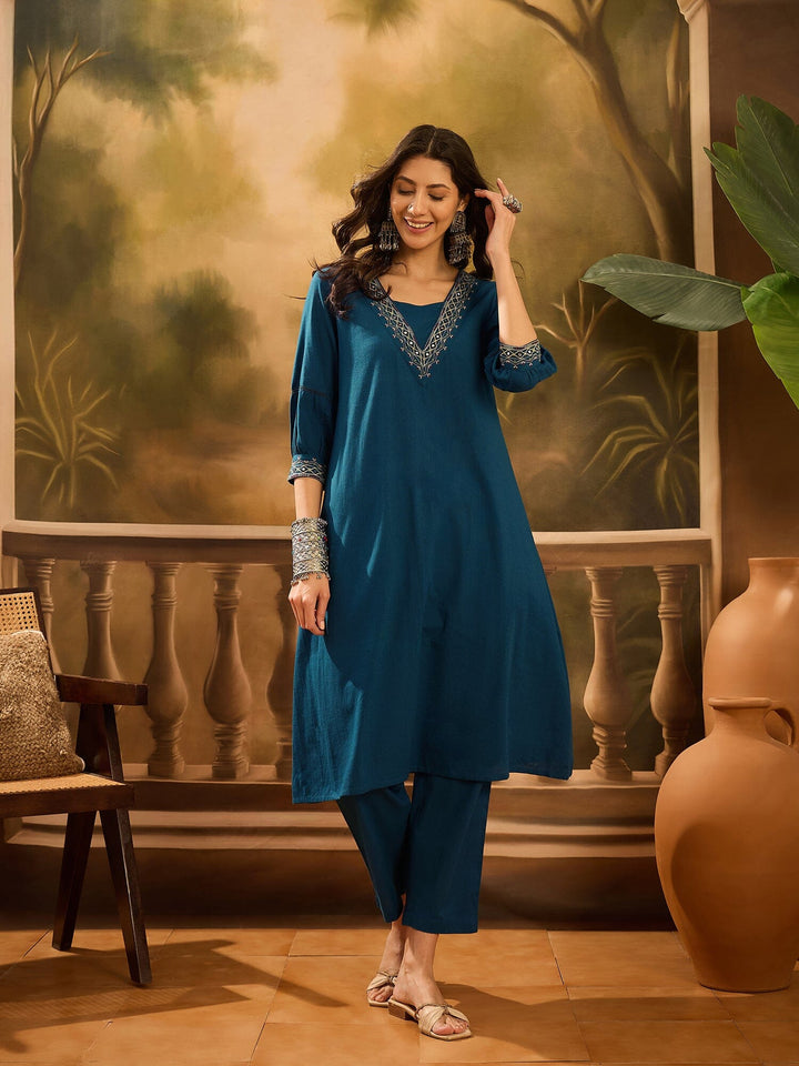 Teal Pure Cotton V-Neck Kurta Set For Women Kurta set Rangdeep-Fashions 