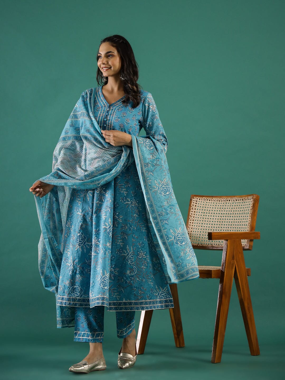 Turquoise Blue Cotton Kurta Set with Dupatta Kurti set SANSKRUTI HOMES 