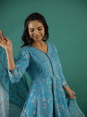 Turquoise Blue Cotton Kurta Set with Dupatta Kurti set SANSKRUTI HOMES 