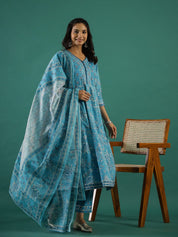 Turquoise Blue Cotton Kurta Set with Dupatta Kurti set SANSKRUTI HOMES 