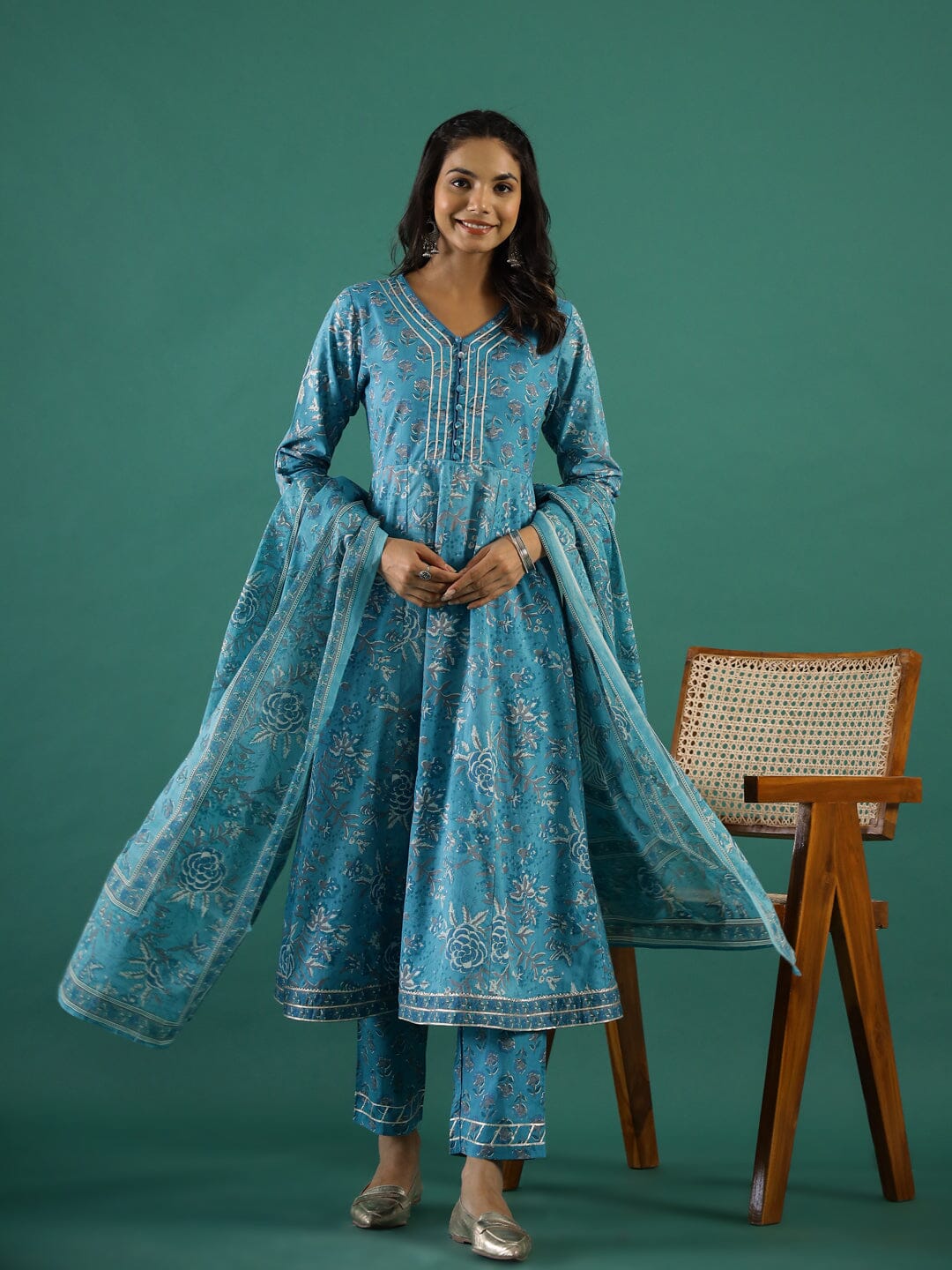 Turquoise Blue Cotton Kurta Set with Dupatta Kurti set SANSKRUTI HOMES 