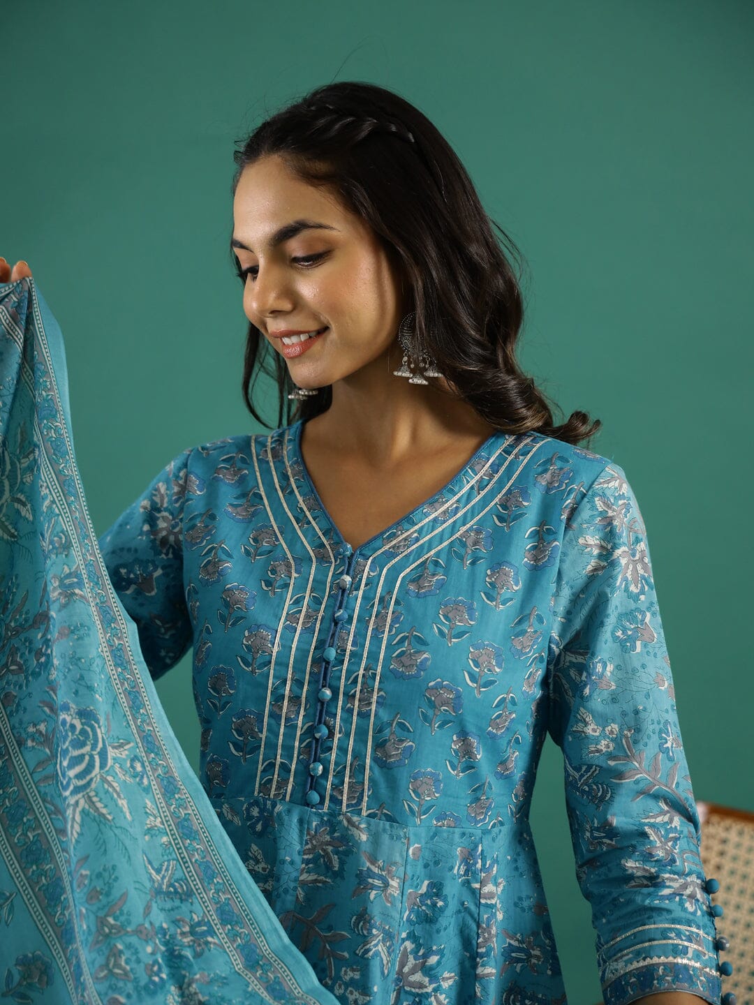 Turquoise Blue Cotton Kurta Set with Dupatta Kurti set SANSKRUTI HOMES 