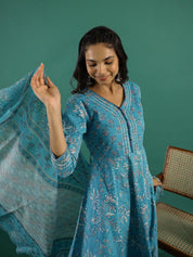 Turquoise Blue Cotton Kurta Set with Dupatta Kurti set SANSKRUTI HOMES 