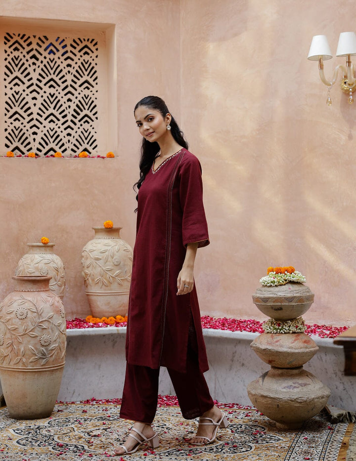 V-Neck Cotton Maroon Kurta Set for Women Kurti set Rangdeep-Fashions 