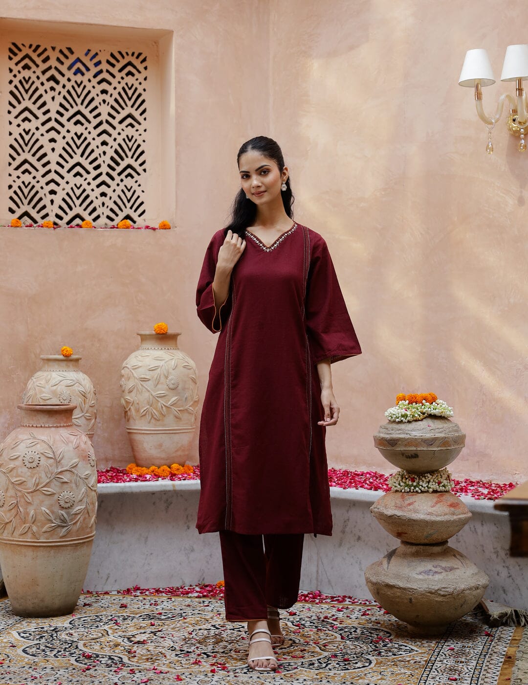 V-Neck Cotton Maroon Kurta Set for Women Kurti set Rangdeep-Fashions 