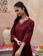 V-Neck Cotton Maroon Kurta Set for Women Kurti set Rangdeep-Fashions 