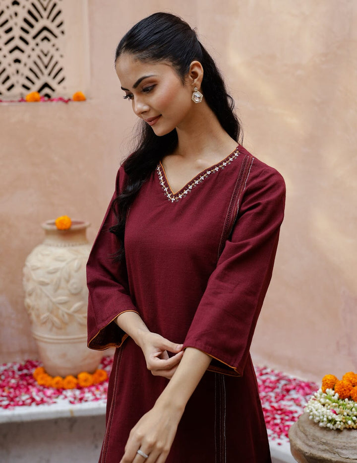 V-Neck Cotton Maroon Kurta Set for Women Kurti set Rangdeep-Fashions 