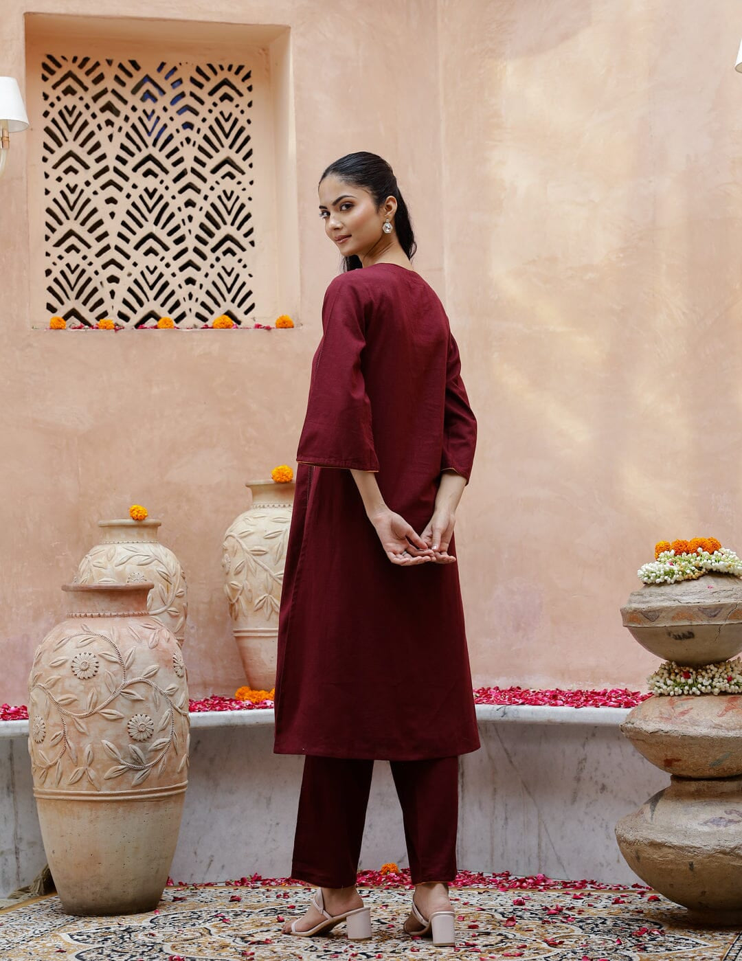 V-Neck Cotton Maroon Kurta Set for Women Kurti set Rangdeep-Fashions 