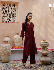 V-Neck Cotton Maroon Kurta Set for Women Kurti set Rangdeep-Fashions 