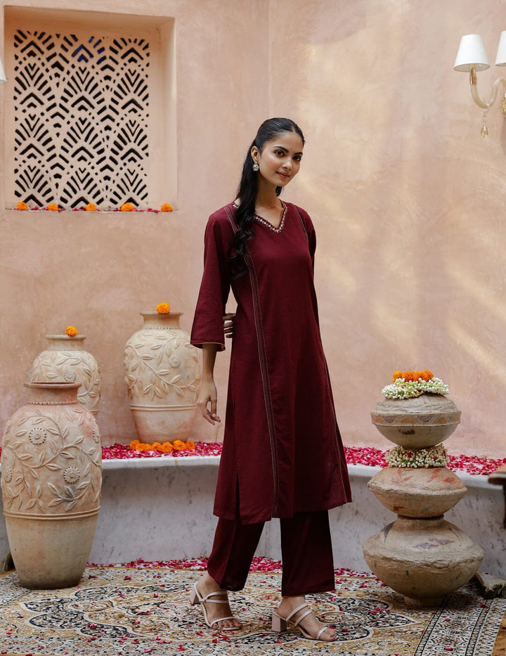 V-Neck Cotton Maroon Kurta Set for Women Kurti set Rangdeep-Fashions 