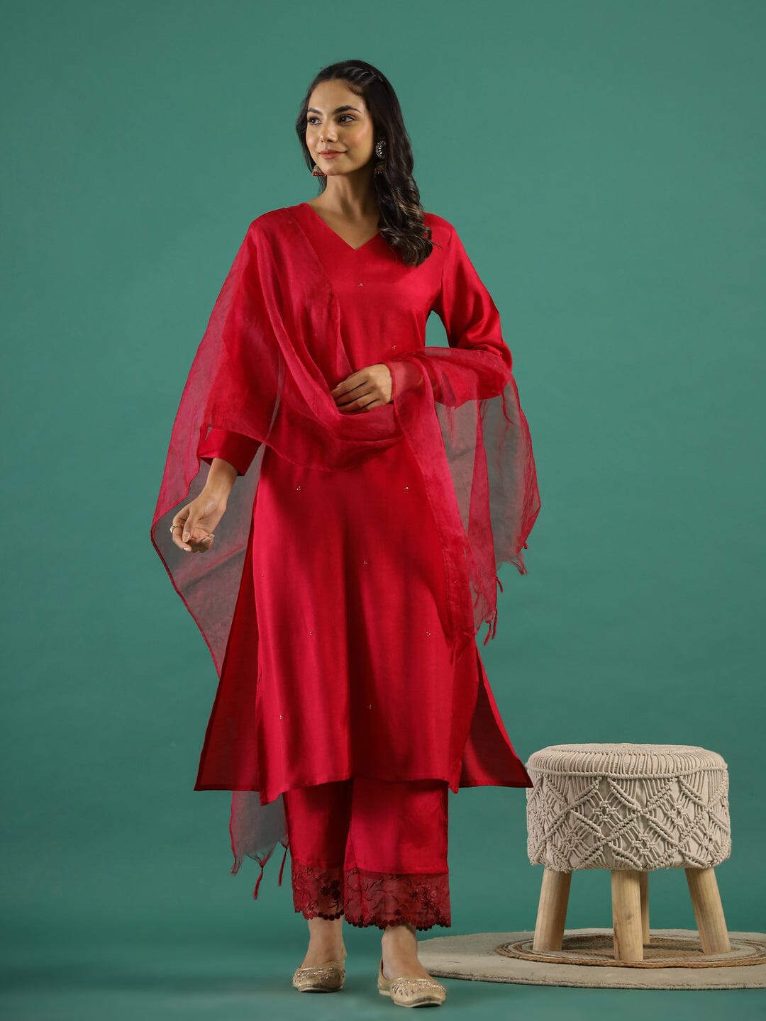 V-Neck Sequinned Straight Red Kurta with Trousers Kurti set SANSKRUTI HOMES 