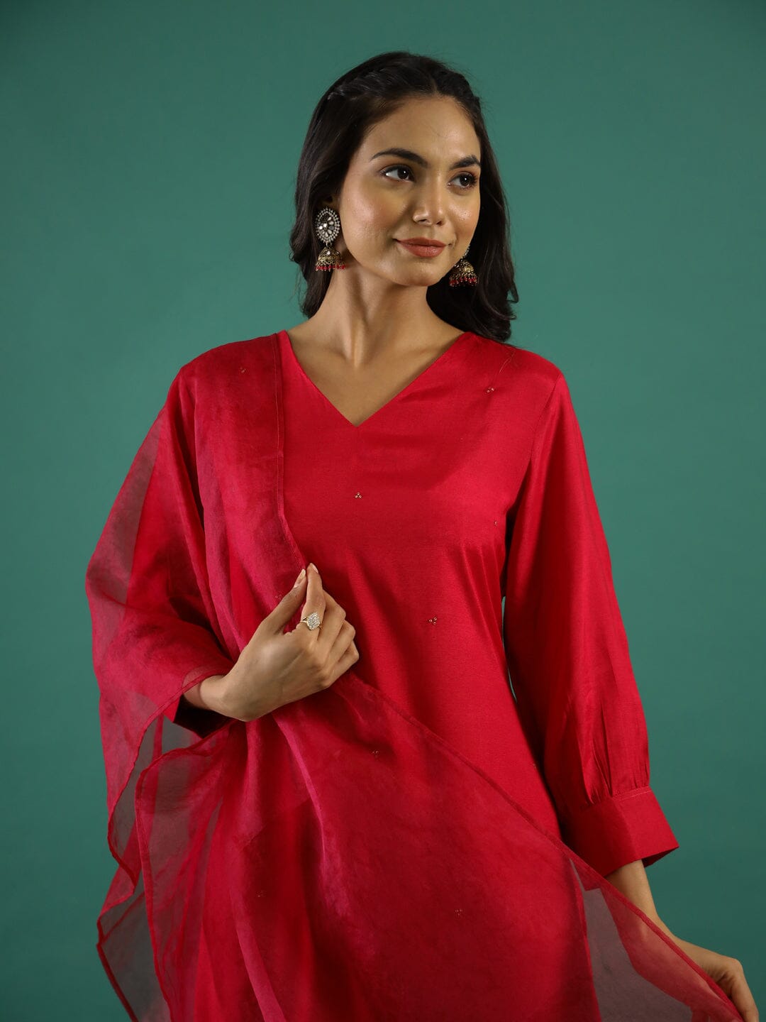 V-Neck Sequinned Straight Red Kurta with Trousers Kurti set SANSKRUTI HOMES 