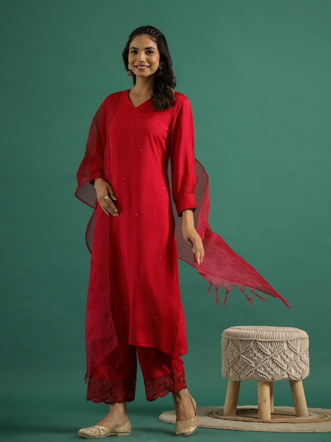 V-Neck Sequinned Straight Red Kurta with Trousers Kurti set SANSKRUTI HOMES 