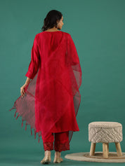 V-Neck Sequinned Straight Red Kurta with Trousers Kurti set SANSKRUTI HOMES 