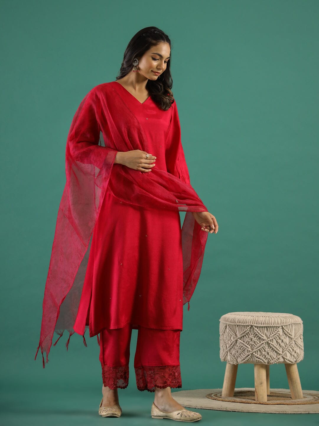 V-Neck Sequinned Straight Red Kurta with Trousers Kurti set SANSKRUTI HOMES 