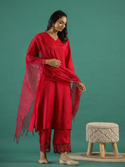 V-Neck Sequinned Straight Red Kurta with Trousers Kurti set SANSKRUTI HOMES 