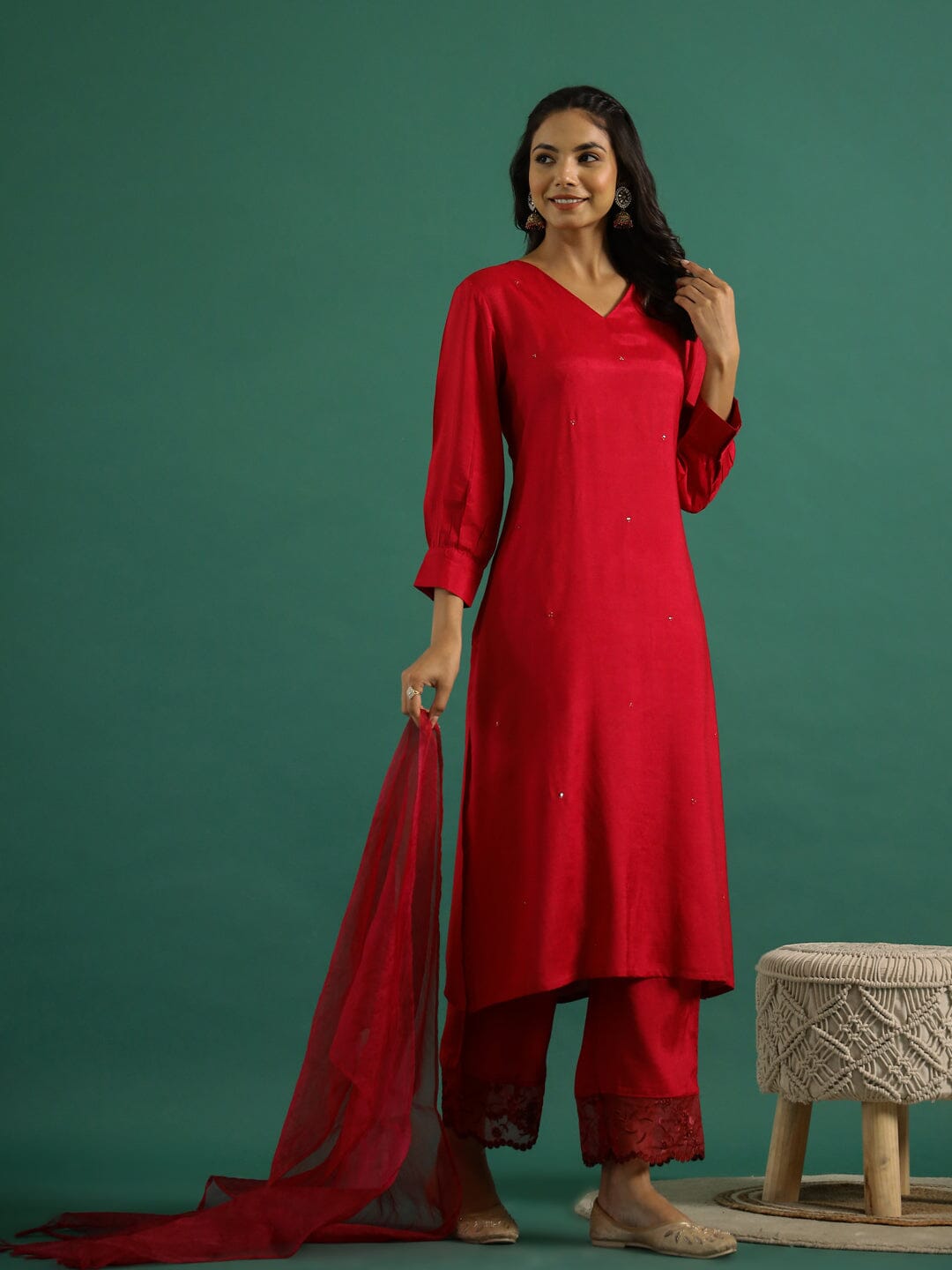 V-Neck Sequinned Straight Red Kurta with Trousers Kurti set SANSKRUTI HOMES 